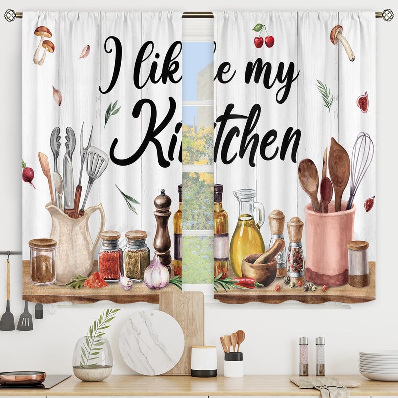 Riyidecor Retro Rustic Kitchen Curtains Farmhouse Country Mushroom Leaves Wood Plank Vintage Funny Quotes Rod Pocket Short Small Watercolor Bedroom Living Room Treatment Fabric 2 Panels 275Wx39H Inch - Image 3