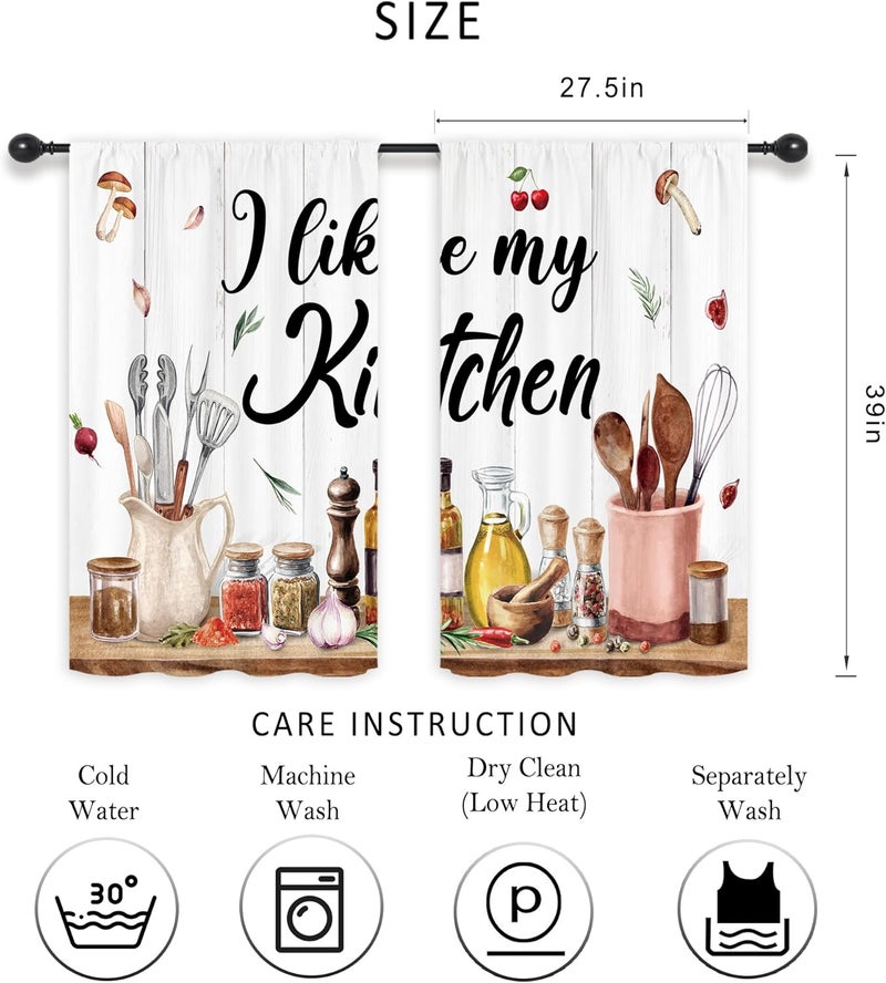 Riyidecor Retro Rustic Kitchen Curtains Farmhouse Country Mushroom Leaves Wood Plank Vintage Funny Quotes Rod Pocket Short Small Watercolor Bedroom Living Room Treatment Fabric 2 Panels 275Wx39H Inch - Image 2