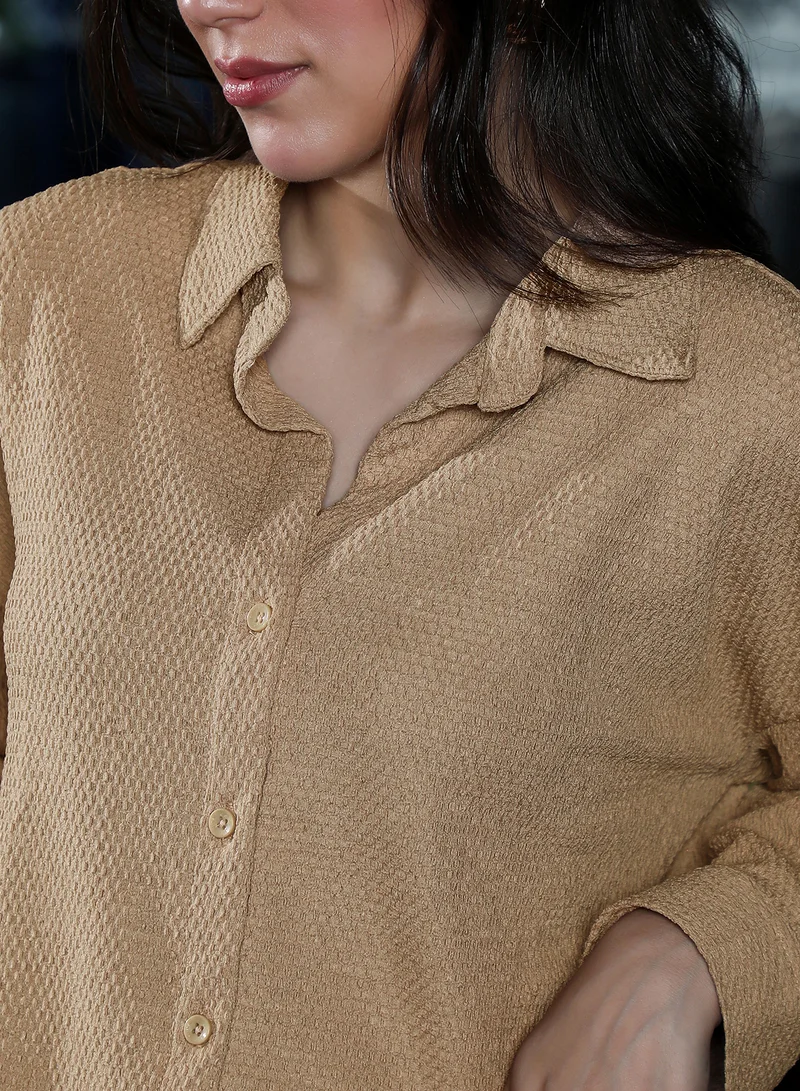 PINACOLADA  Women's Hive-Tactile Oversized Shirt | Spread Collar , Long Button-Cuff Sleeves, Button Closure | Solid Textured Woven Shirt For Casual & Daily Wear | Sand Beige for Women | Best Price UAE