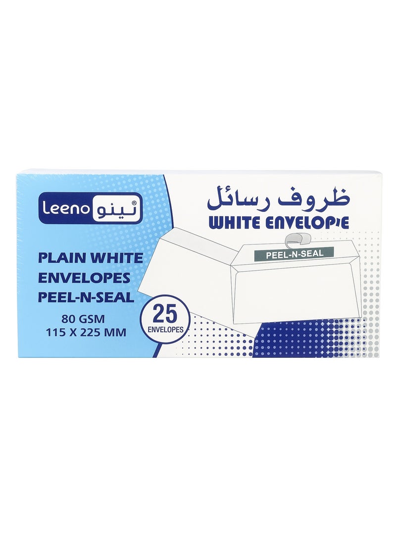 لينو ظروف بيضاء عادية من لينو عبوة 25 ظرف | 115 × 225 ملم | إغلاق لاصق | 80 جرام | للمكتب والمنزل والبريد والأدوات المكتبية - Image 1