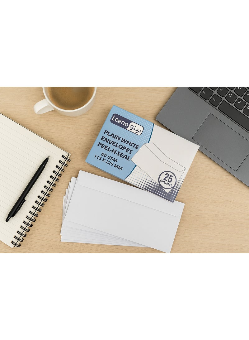 لينو ظروف بيضاء عادية من لينو عبوة 25 ظرف | 115 × 225 ملم | إغلاق لاصق | 80 جرام | للمكتب والمنزل والبريد والأدوات المكتبية - Image 4