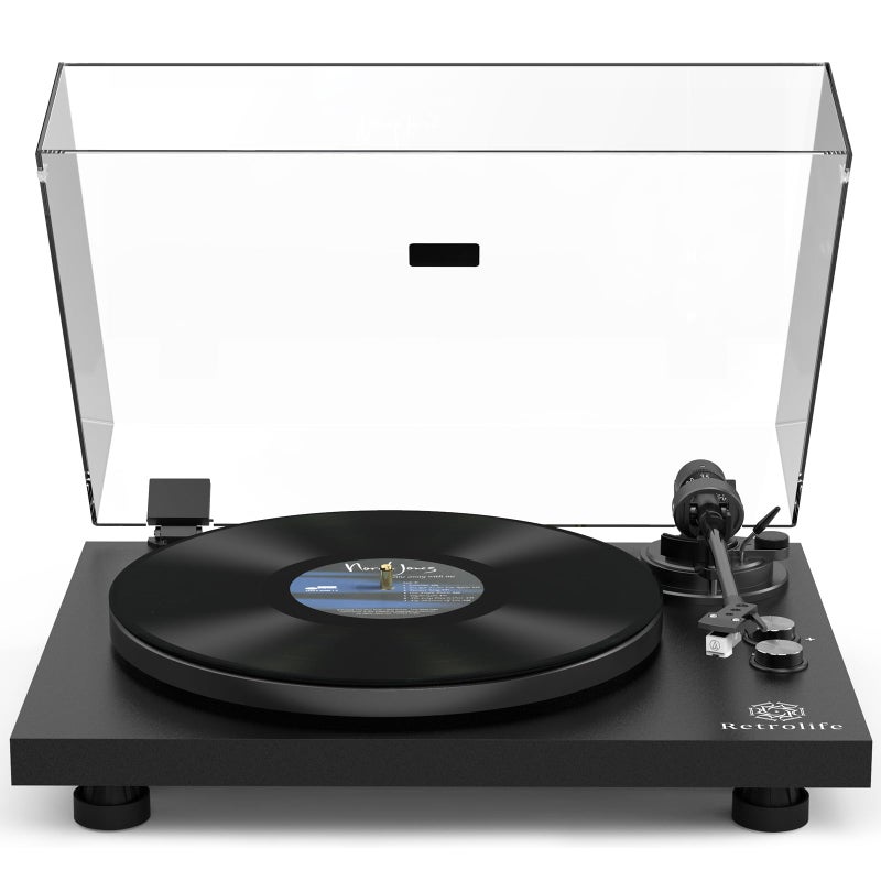 Retrolife Record Player Wireless Output Turntable Carbon Fiber Tonearm Vinyl Player Aluminium Platter Belt-Drive LP Turn Tables 2 Speed RPM Phono RCA Line Output AT-3600L MM Cartridge Audio Sound Pure Black - Image 1