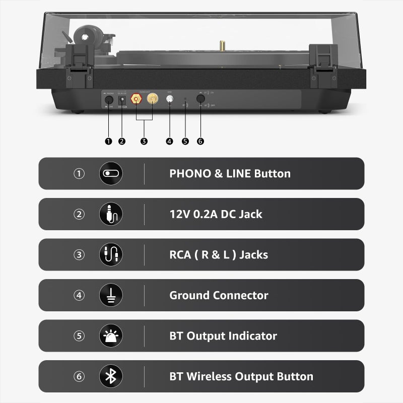 Retrolife Record Player Wireless Output Turntable Carbon Fiber Tonearm Vinyl Player Aluminium Platter Belt-Drive LP Turn Tables 2 Speed RPM Phono RCA Line Output AT-3600L MM Cartridge Audio Sound Pure Black - Image 4