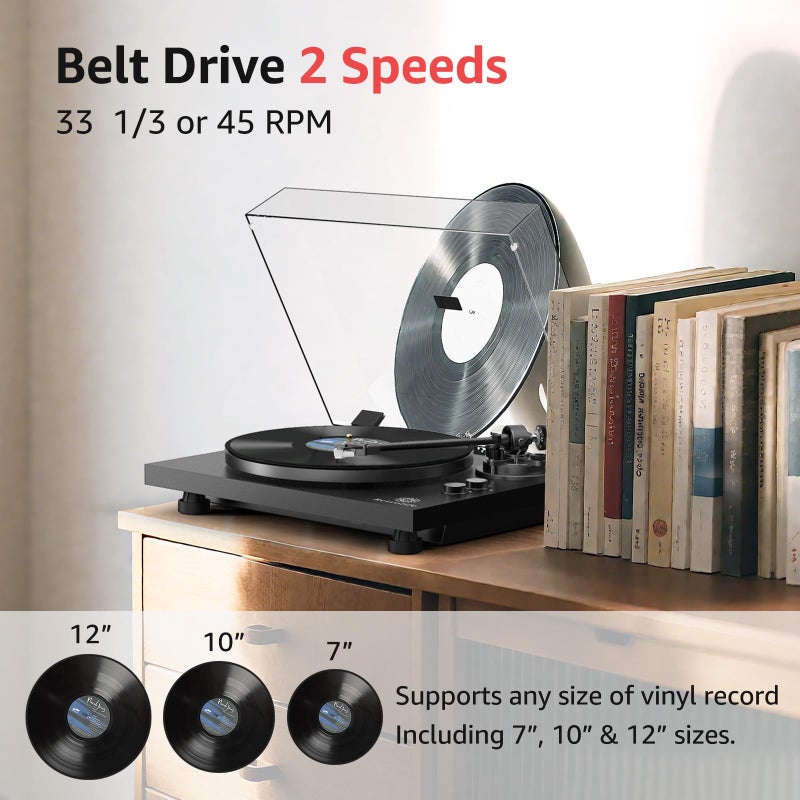 Retrolife Record Player Wireless Output Turntable Carbon Fiber Tonearm Vinyl Player Aluminium Platter Belt-Drive LP Turn Tables 2 Speed RPM Phono RCA Line Output AT-3600L MM Cartridge Audio Sound Pure Black - Image 3