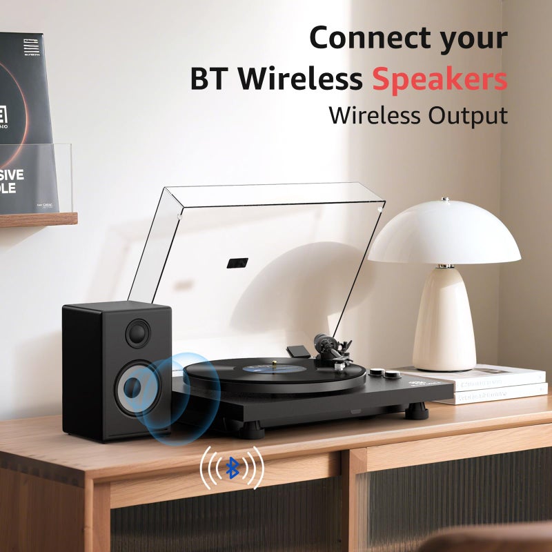 Retrolife Record Player Wireless Output Turntable Carbon Fiber Tonearm Vinyl Player Aluminium Platter Belt-Drive LP Turn Tables 2 Speed RPM Phono RCA Line Output AT-3600L MM Cartridge Audio Sound Pure Black - Image 5