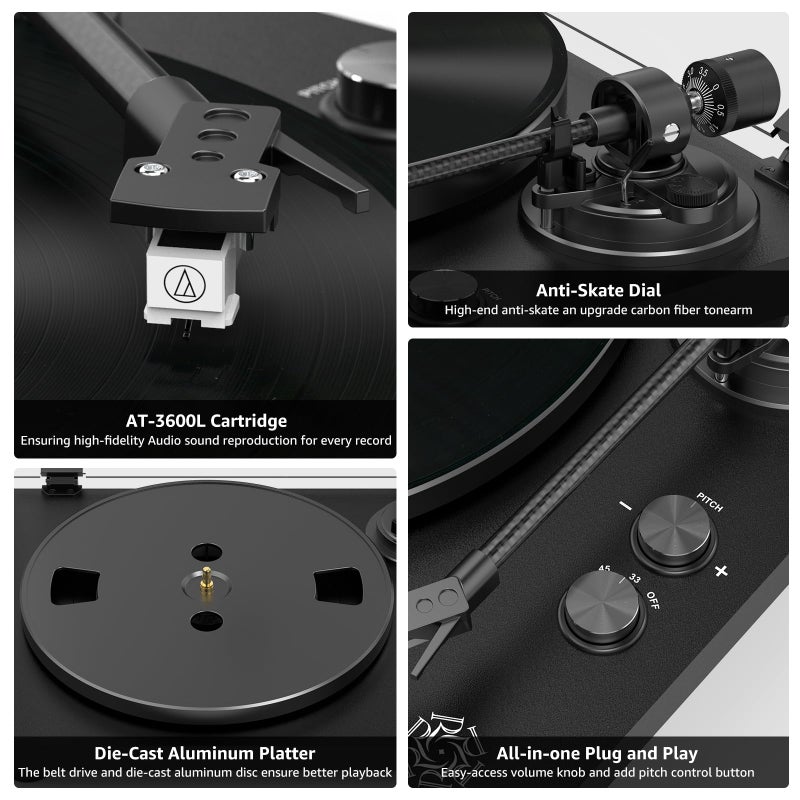 Retrolife Record Player Wireless Output Turntable Carbon Fiber Tonearm Vinyl Player Aluminium Platter Belt-Drive LP Turn Tables 2 Speed RPM Phono RCA Line Output AT-3600L MM Cartridge Audio Sound Pure Black - Image 2