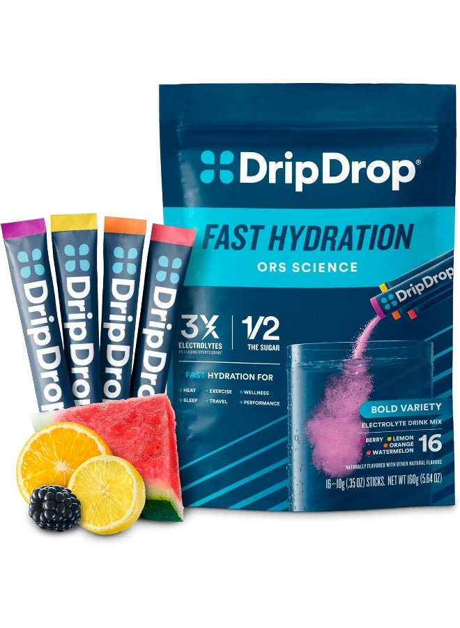 DripDrop Hydration - Bold Variety Pack - Electrolyte Drink Mix Single Serve Hydration Powder Packets - Watermelon, Berry, Lemon, Orange | Non-GMO, Gluten Free, Vegan | 16 Sticks - Image 1