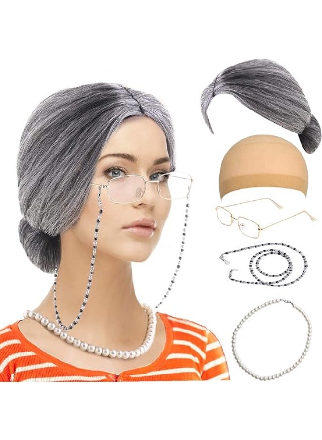 طقم زي السيدة العجوز المكون من 5 قطع - باروكة جدّة، قبعات باروكة، نظارات جدّة، سلسلة مثبتة للنظارة، عقد لؤلؤ