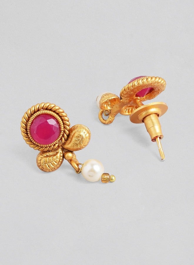 Rubans Traditional Gold Plated Pink Stone Studded Necklace Set For Women - Image 3