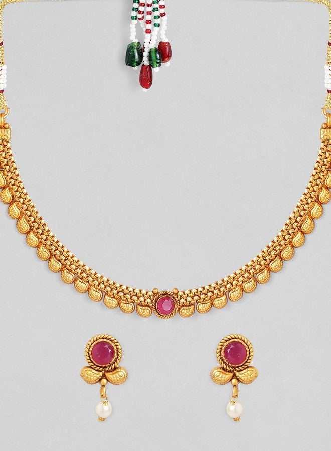 Rubans Traditional Gold Plated Pink Stone Studded Necklace Set For Women - Image 2
