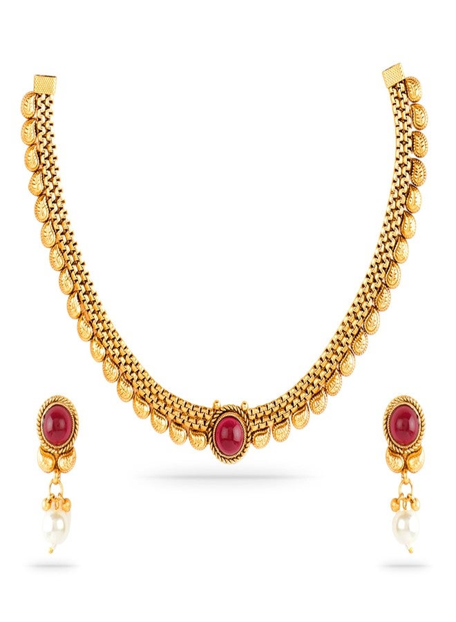 Rubans Traditional Gold Plated Pink Stone Studded Necklace Set For Women - Image 1