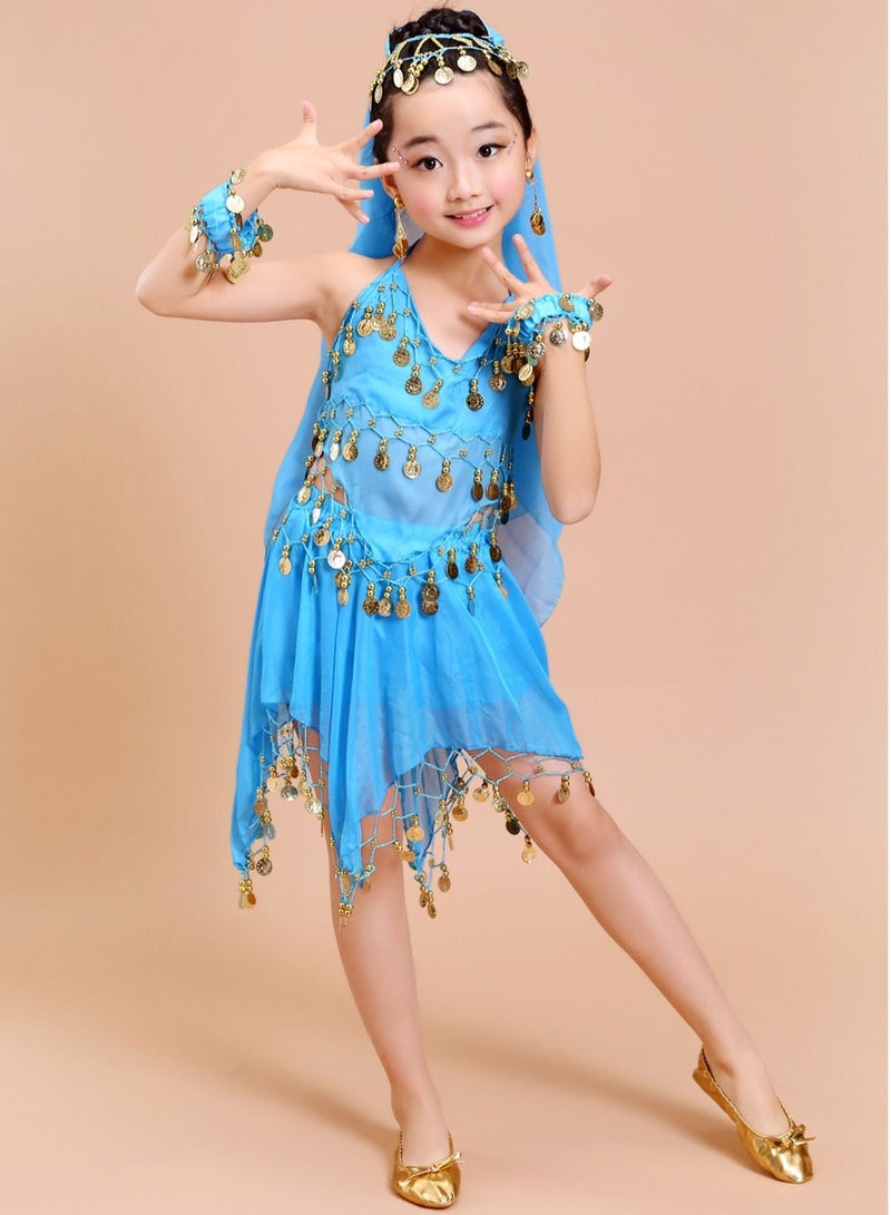 Loquat Girls Belly Dance Indian Dance Carnival Coins Pendant Performance Costume Set Blue - Image 1