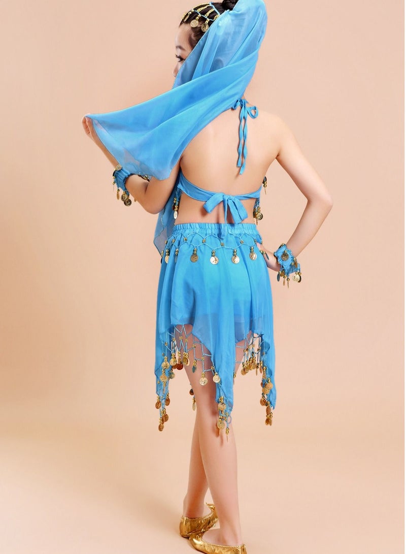 Loquat Girls Belly Dance Indian Dance Carnival Coins Pendant Performance Costume Set Blue - Image 2
