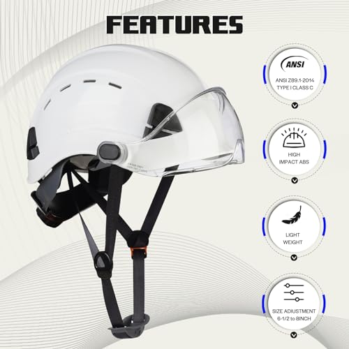LOHASWORK Hard Hats Construction OSHA Safety Helmet ANSI Z89.1 Approved Vented Hardhat with Chin Strap Arborist Tree Work Helmet Casco De Construccion (A1 White Clear) - Image 2