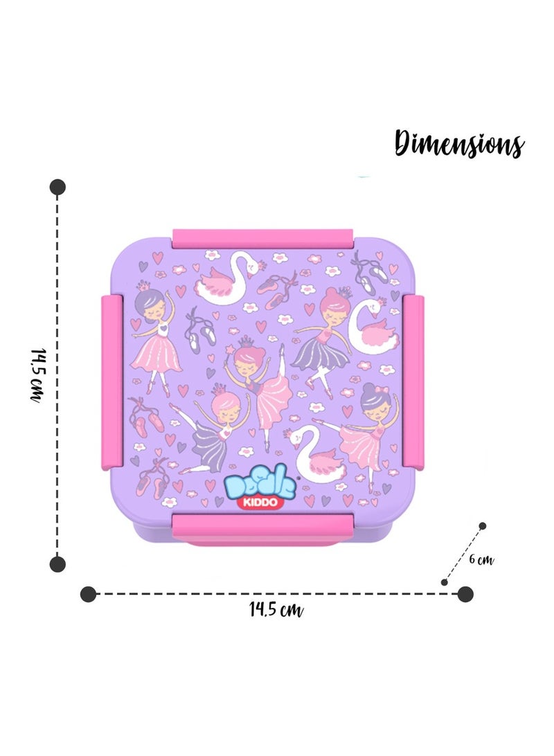 Doodle Kiddo Ballerina Bento Lunch & Snack Box for Girls - BPA Free, Leak Proof, Microwave & Dishwasher Safe, 14.5x14.5x6 cm - Image 3