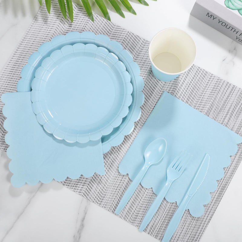 Xiangqu 350 Pcs Light Blue Paper Plates and Napkins, Boy Baby Shower Decorations Include Baby Blue Scalloped Plates Napkins Cups Plastic Spoons Forks Knives for Bridal Shower,Wedding,Birthday - Image 4