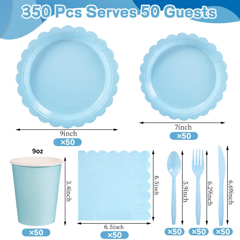 Xiangqu 350 Pcs Light Blue Paper Plates and Napkins, Boy Baby Shower Decorations Include Baby Blue Scalloped Plates Napkins Cups Plastic Spoons Forks Knives for Bridal Shower,Wedding,Birthday - Image 2