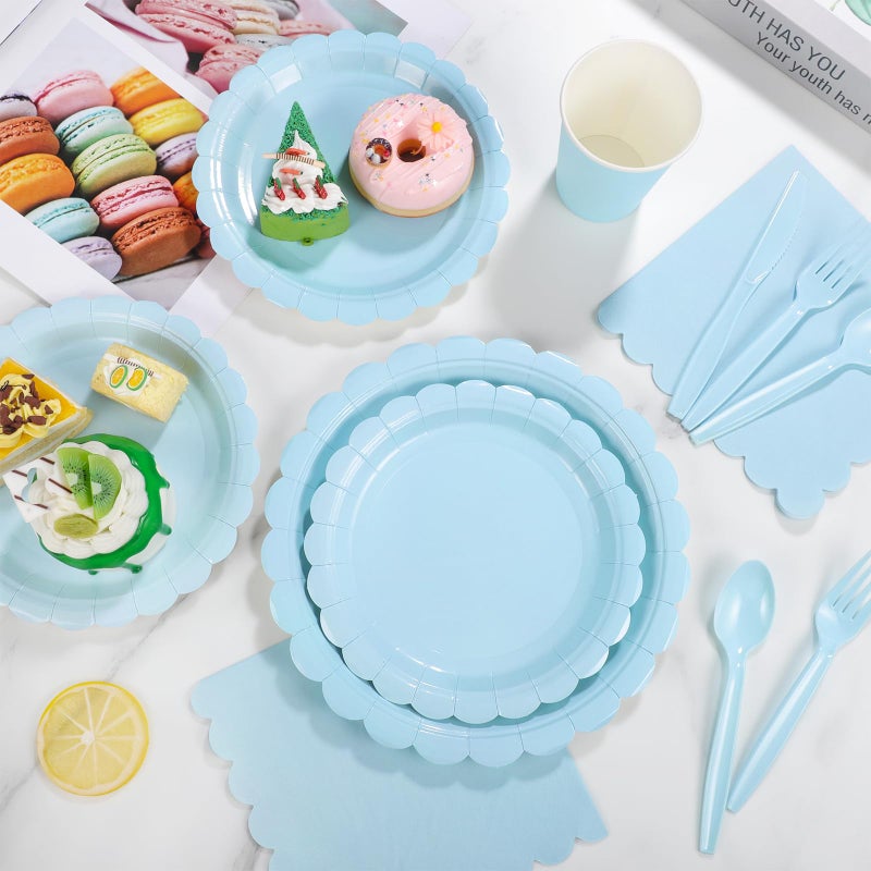 Xiangqu 350 Pcs Light Blue Paper Plates and Napkins, Boy Baby Shower Decorations Include Baby Blue Scalloped Plates Napkins Cups Plastic Spoons Forks Knives for Bridal Shower,Wedding,Birthday - Image 5