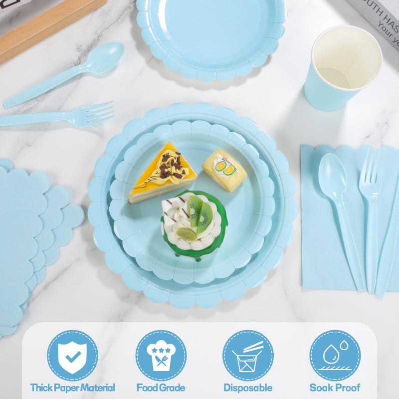 Xiangqu 350 Pcs Light Blue Paper Plates and Napkins, Boy Baby Shower Decorations Include Baby Blue Scalloped Plates Napkins Cups Plastic Spoons Forks Knives for Bridal Shower,Wedding,Birthday - Image 3