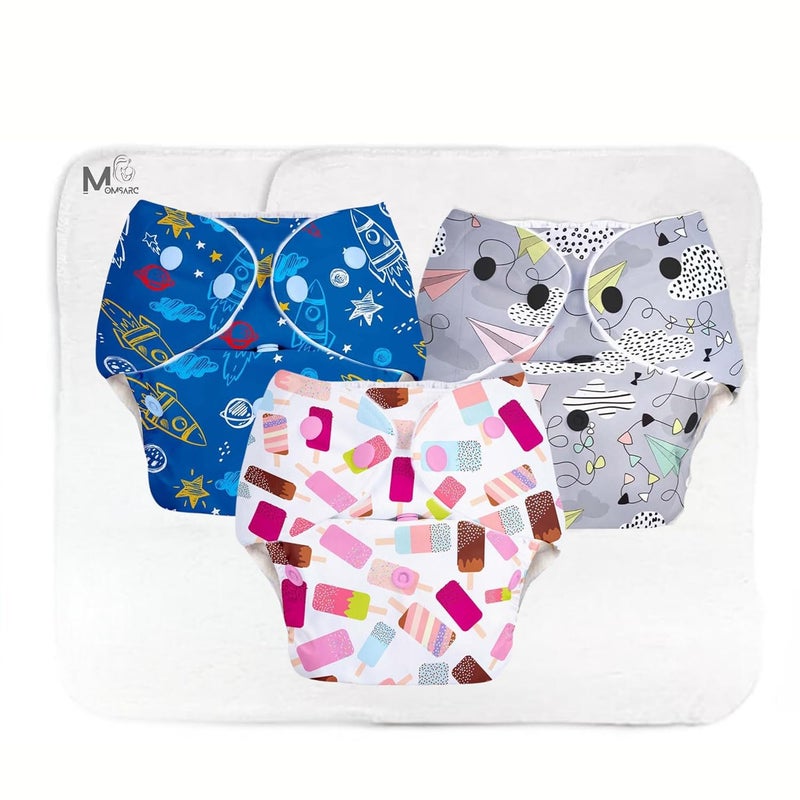 MOMSARC Baby Leakage Proof Reusable Cloth Diaper With 4 Layer High absorbent Pad + 3 Insert Pads, Reusable Nappies, Freesize for Kids 0-3 Yrs, Washable Diapers(Multicolur, Pack of 3) - Image 1