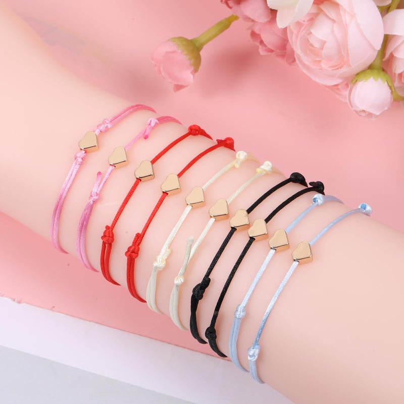 Skrfren 10 Pack Heart Friendship Bracelets, Adjustable Heart Bracelet with Gold Hearts Cord Red Bracelets for Women with Gold Hearts, Red Thread Bracelet for Women Friends Partners Lovers - Image 3