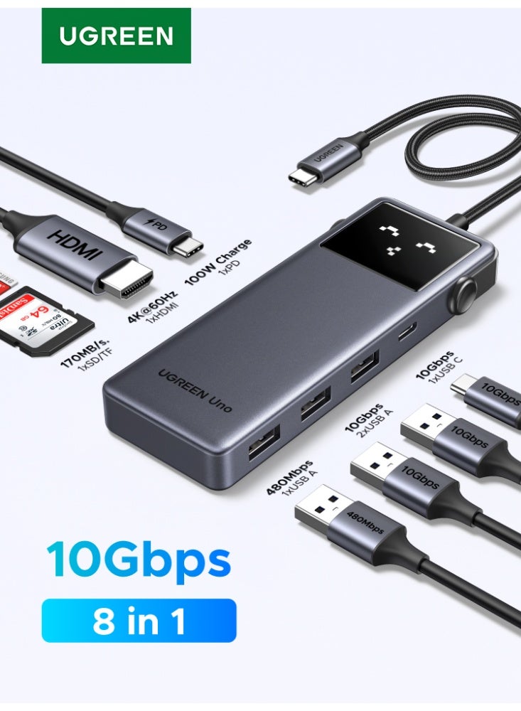 Ugreen Uno USB C Hub Docking Station with Dynamic Screen, 8-in-1 USB C Hub with 10Gbps Data Transfer, SD/TF Card Reader, 4K@60Hz HDMI, 100W PD HDMI Extender for Office & Home Use grey