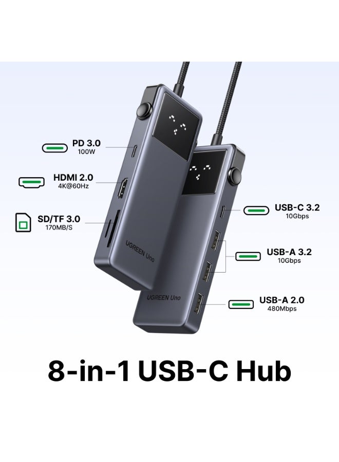 Ugreen Uno USB C Hub Docking Station with Dynamic Screen, 8-in-1 USB C Hub with 10Gbps Data Transfer, SD/TF Card Reader, 4K@60Hz HDMI, 100W PD HDMI Extender for Office & Home Use grey - Image 3
