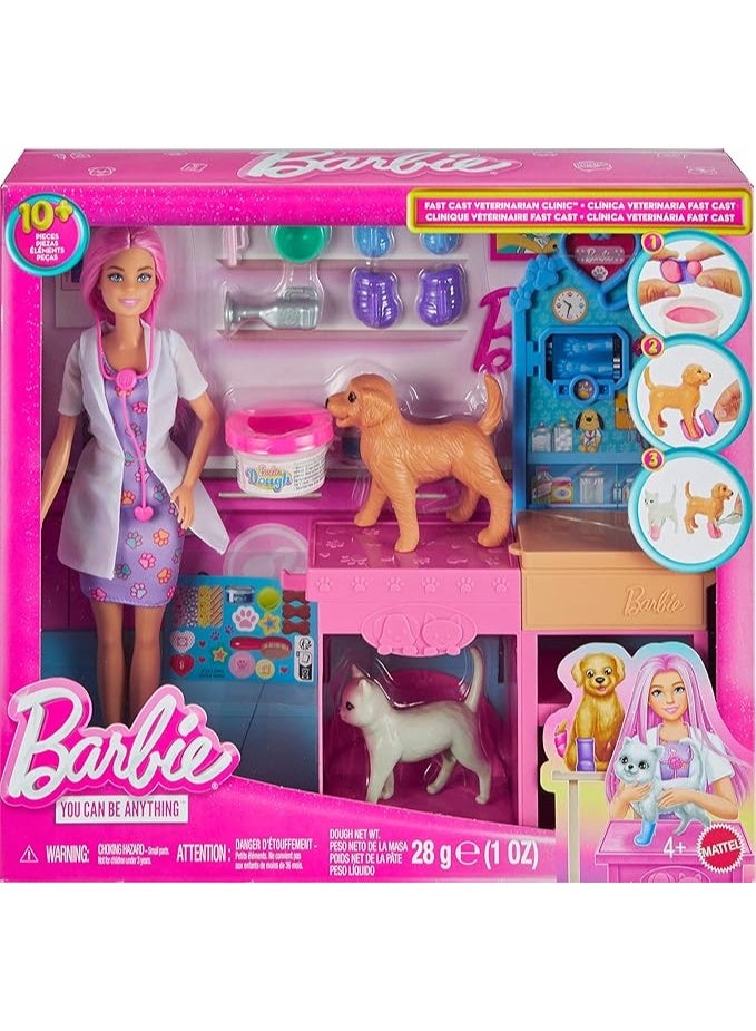 Barbie Fast Cast Veterinarian Clinic Playset with Pink Colored Hair Fashion Doll, Vet Furniture & 10+ Accessories Including Molds & Dough for Bandages - Image 1