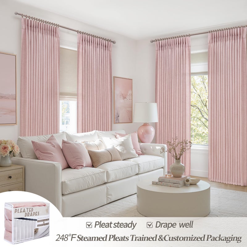 PleatedDrapes Pretty Light Pink Semi Sheer Curtains 96 Inches Long for Living Room 2 Panels Set, Memory Shaped Pinch Pleated 8 FT Faux Linen Light-Filtering Nursery Curtain Back Tab Elegent Window Drapes W40 x L96 - Image 3