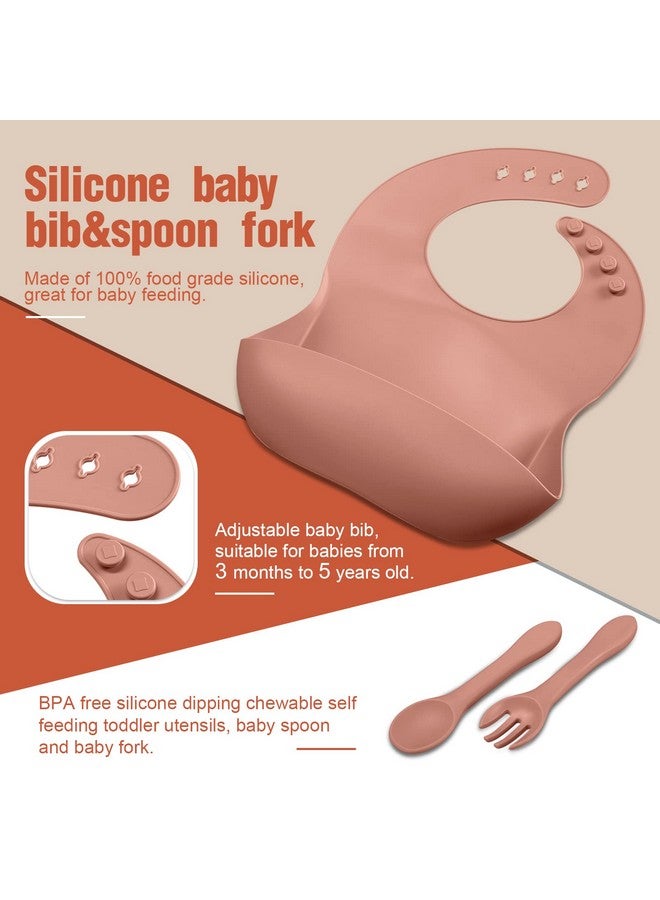 Potchen 10 Pack Silicone Baby Feeding Set Toddlers Led Weaning Feeding Supplies With Suction Baby Bowl Divided Plate Adjustable Bib Soft Silicone Spoon Fork Infant Self Eating Utensil Set (Beige Orange) - Image 3