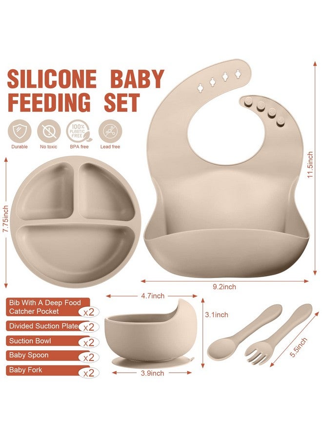 Potchen 10 Pack Silicone Baby Feeding Set Toddlers Led Weaning Feeding Supplies With Suction Baby Bowl Divided Plate Adjustable Bib Soft Silicone Spoon Fork Infant Self Eating Utensil Set (Beige Orange) - Image 2
