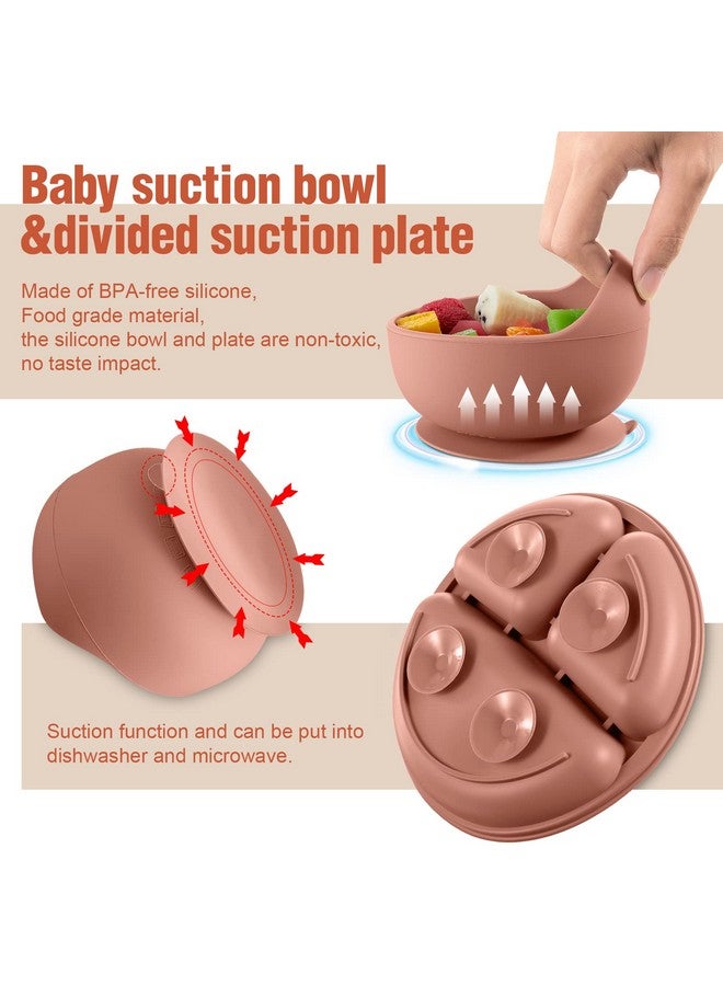 Potchen 10 Pack Silicone Baby Feeding Set Toddlers Led Weaning Feeding Supplies With Suction Baby Bowl Divided Plate Adjustable Bib Soft Silicone Spoon Fork Infant Self Eating Utensil Set (Beige Orange) - Image 4