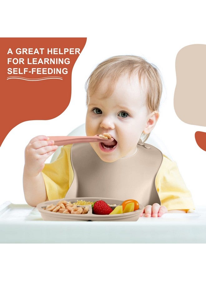 Potchen 10 Pack Silicone Baby Feeding Set Toddlers Led Weaning Feeding Supplies With Suction Baby Bowl Divided Plate Adjustable Bib Soft Silicone Spoon Fork Infant Self Eating Utensil Set (Beige Orange) - Image 5