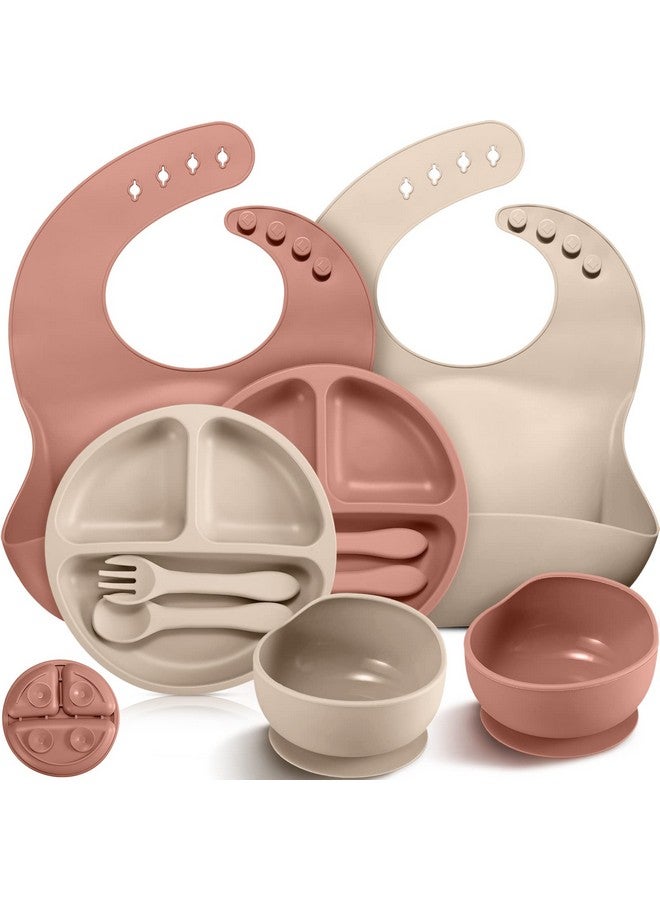 Potchen 10 Pack Silicone Baby Feeding Set Toddlers Led Weaning Feeding Supplies With Suction Baby Bowl Divided Plate Adjustable Bib Soft Silicone Spoon Fork Infant Self Eating Utensil Set (Beige Orange) - Image 1