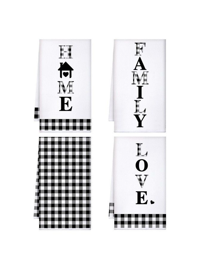 Honoson 4 Pieces Buffalo Plaid Kitchen Towels Black White Plaid Towels Home Family Love Hand Towels Set Farmhouse Fast Drying Decorative Towels For Cooking  - Image 2
