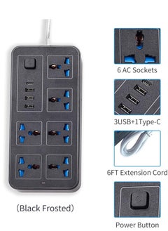 Generic Extension SOCKET BOARD with 6 AC Sockets& 3 USB 1 Type C Port , 6FT Extension Cord Surge Protector for Home Office Dorm Power Button Safe to Use .Flat Plug, Wall Mountable, Desk USB Charging Station, Ideal for All Electronic Devices,Black UK Plug  - Image 2