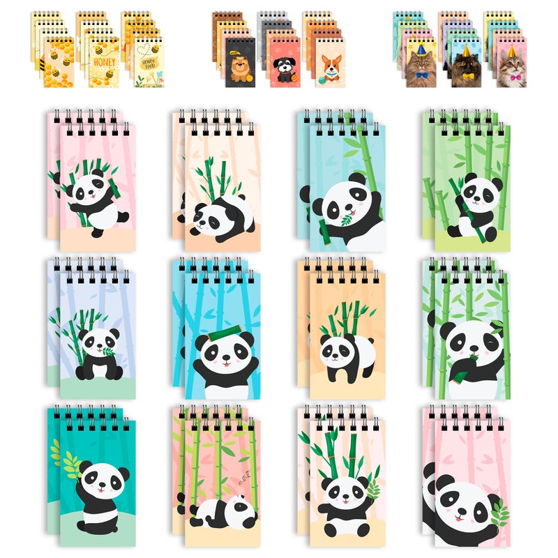 Decorably 24 Pack Panda Themed Party Favor Notepads - 12 Adorable Designs 2.4x4in Mini Notebooks for Kids Party Favors, Spring Bound 20 Sheets - Image 1
