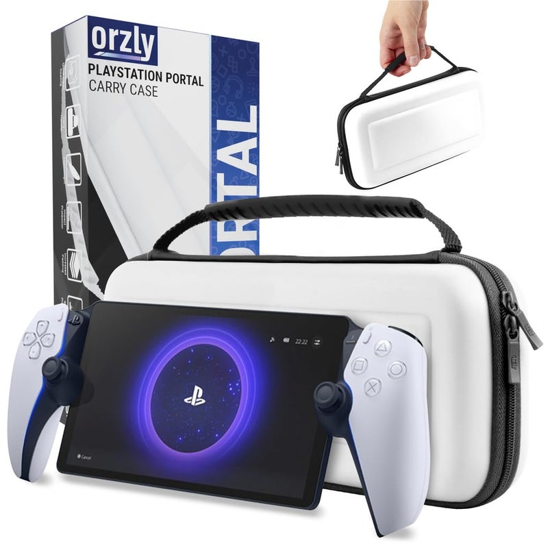 Orzly Carry Case designed for Playstation Portal remote player for PS5 Console holds accessories, Travel and Storage Protection for headset charger and more WHITE/BLACK - Easy Clean Case Gift box Edition - Image 1