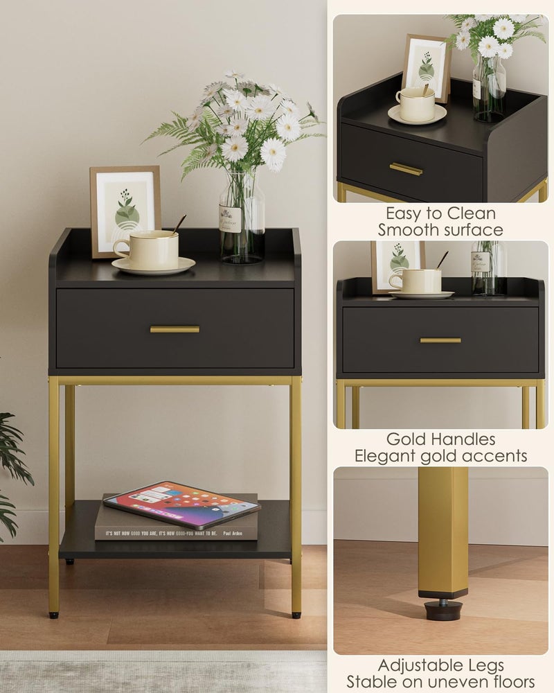 Masupu Nightstand,Bedside Table 3-Tier Modern Night Stand with Storage Drawer and Shelf,Small End Side Table for Bedroom,Living Room,Black (Without Outlet, Black) - Image 5