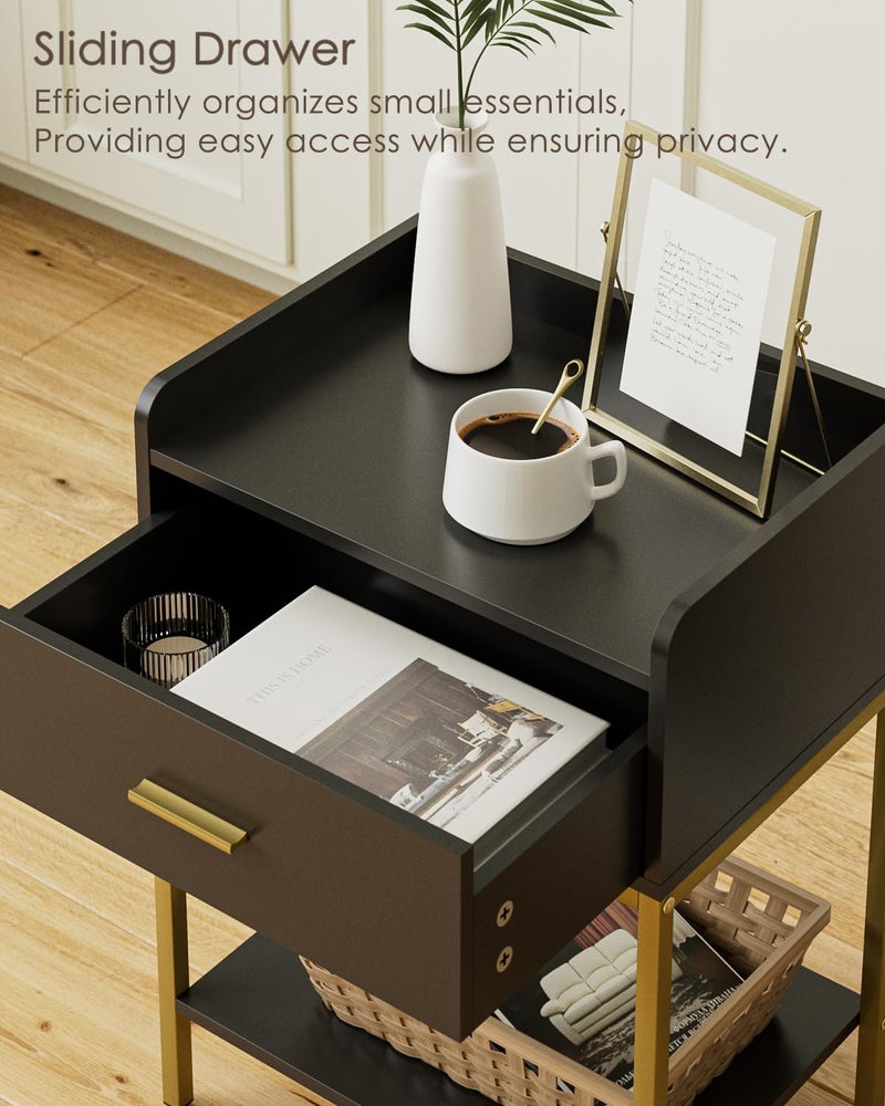 Masupu Nightstand,Bedside Table 3-Tier Modern Night Stand with Storage Drawer and Shelf,Small End Side Table for Bedroom,Living Room,Black (Without Outlet, Black) - Image 4
