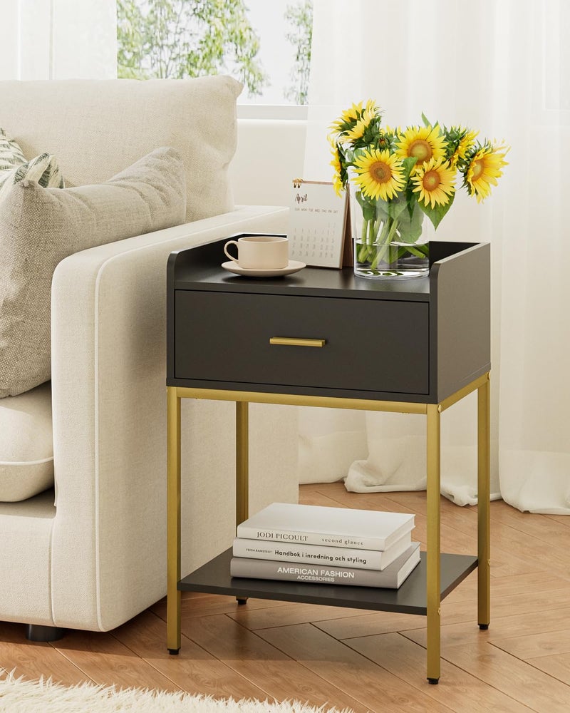 Masupu Nightstand,Bedside Table 3-Tier Modern Night Stand with Storage Drawer and Shelf,Small End Side Table for Bedroom,Living Room,Black (Without Outlet, Black) - Image 1