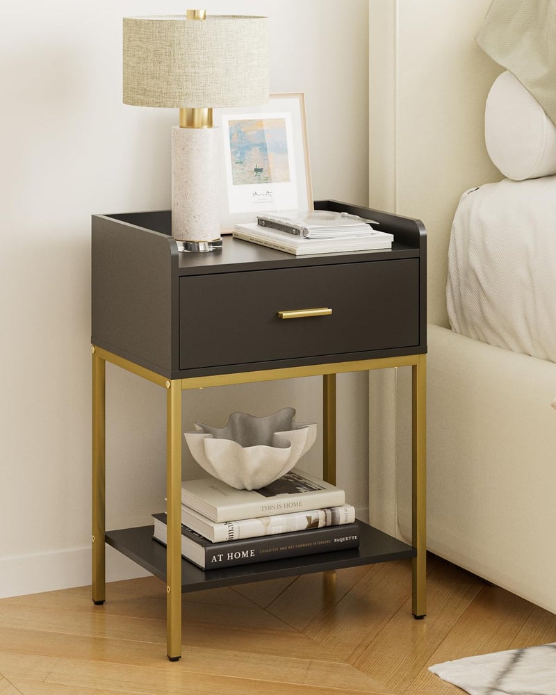 Masupu Nightstand,Bedside Table 3-Tier Modern Night Stand with Storage Drawer and Shelf,Small End Side Table for Bedroom,Living Room,Black (Without Outlet, Black) - Image 3