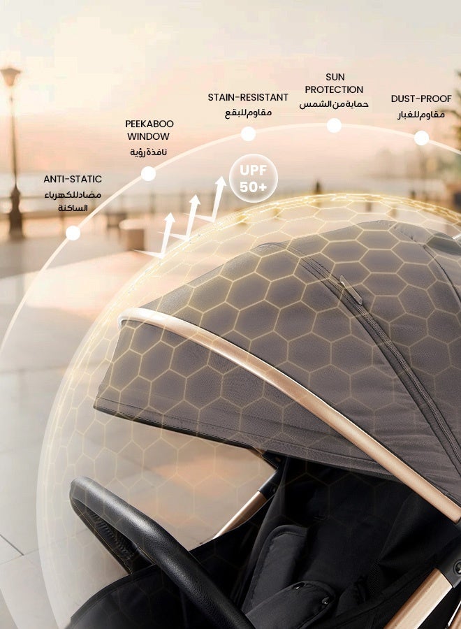 هيبوبي عربة أطفال فاخرة ثنائية الاتجاه مع صينية طعام وحامل كوب، طيّ بزر واحد وتصميم ممتص للصدمات، مناسبة للطائرة، سلة تخزين كبيرة جدًا، تتحمل حتى 60 كجم، مناسبة لعمر 0–6 سنوات، عربة أطفال خفيفة الوزن - Image 5