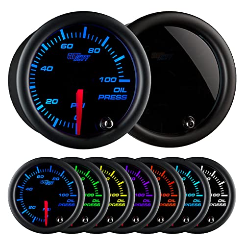 GlowShift Tinted 7 Color 100 PSI Oil Pressure Gauge Kit - Includes 1/8-27 NPT Electronic Sensor & Wiring - Multi-Color Display - Black Dial - Smoked Lens - for Car & Truck - 2-1/16" 52mm - Image 1