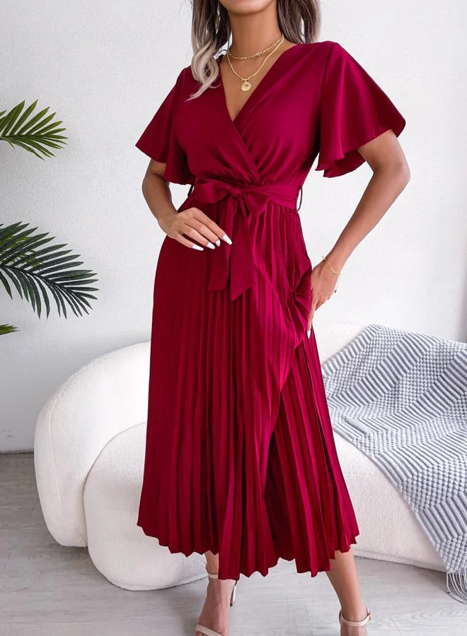 Take Two burgundy Burgundy Pleated Maxi Dress with Tie-Belt for Women | Best Price UAE