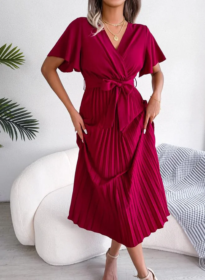 Take Two burgundy Burgundy Pleated Maxi Dress with Tie-Belt for Women | Best Price UAE