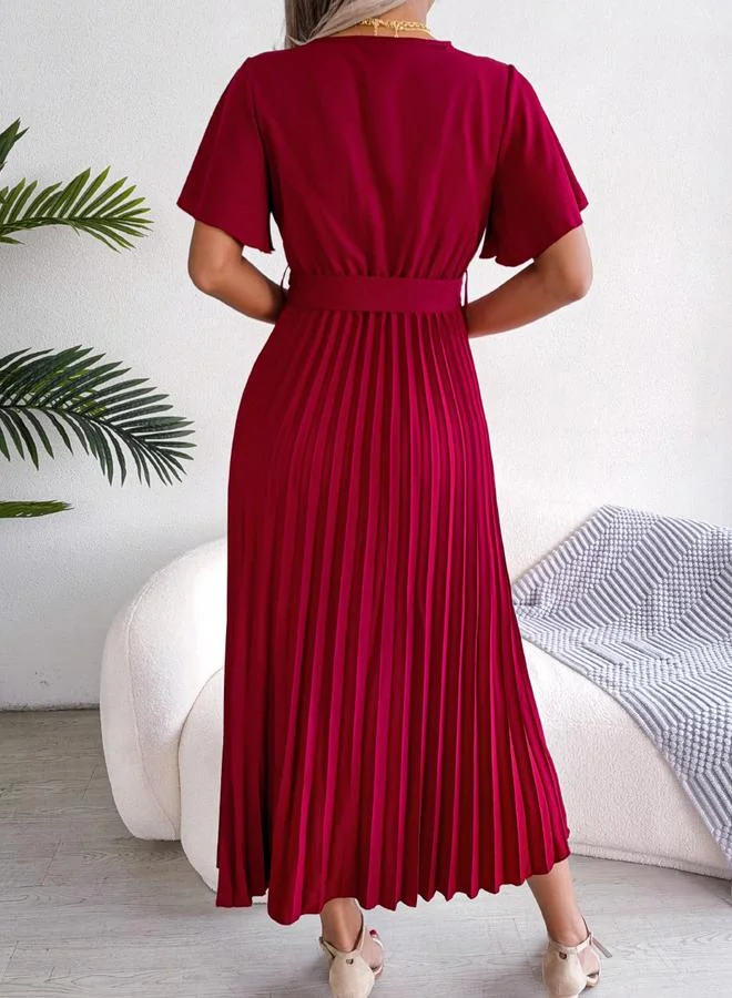 Take Two burgundy Burgundy Pleated Maxi Dress with Tie-Belt for Women | Best Price UAE