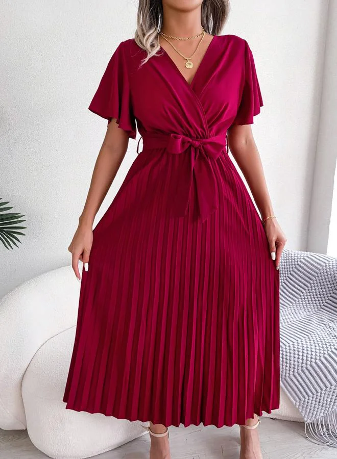 Take Two Burgundy Pleated Maxi Dress with Tie-Belt