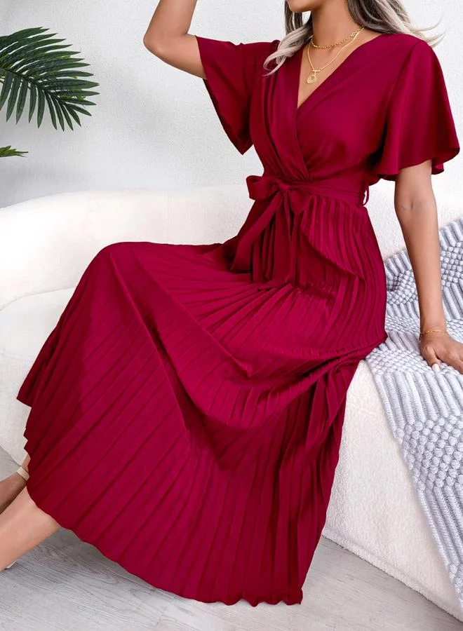 Take Two Burgundy Pleated Maxi Dress with Tie-Belt