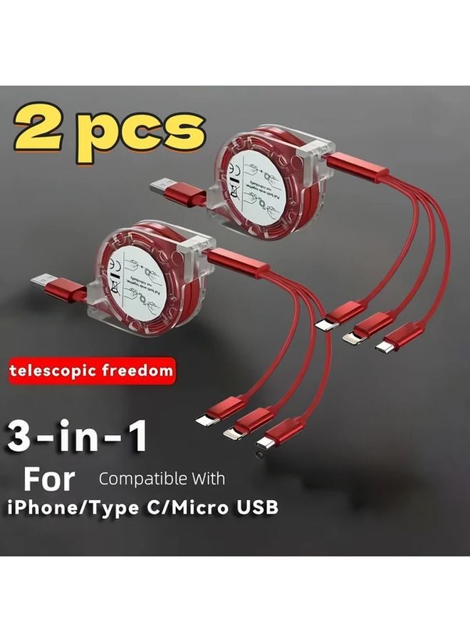 Blue 2 Pack 3 In 1 كابل شاحن قابل للسحب Lightning Micro USB Type C لأجهزة iPhone وAndroid - Image 2